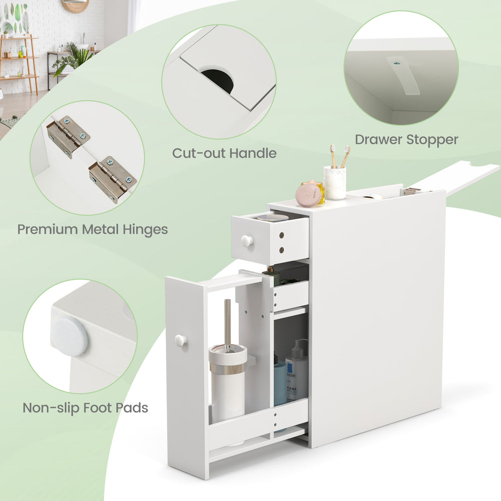 White bathroom cabinet space saver with top drawer and sliding drawer for organized storage in any decor.