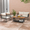 4-piece patio rattan furniture set with white cushions, featuring a 2-tier coffee table and sturdy metal legs for.