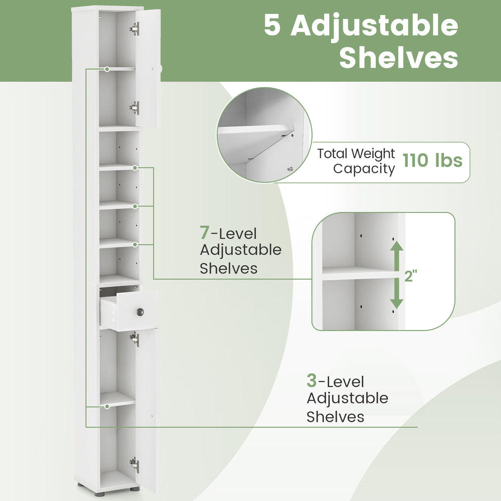 Freestanding slim bathroom cabinet in white with 5 adjustable shelves and 1 drawer, ideal for small spaces.
