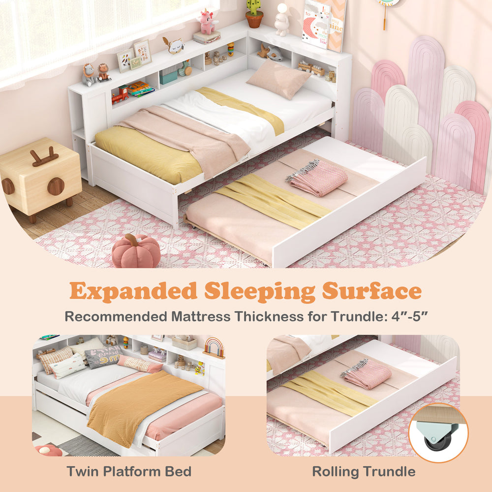 Twin platform bed frame with rolling trundle and reversible bookshelf, ideal for maximizing sleep space and storage.