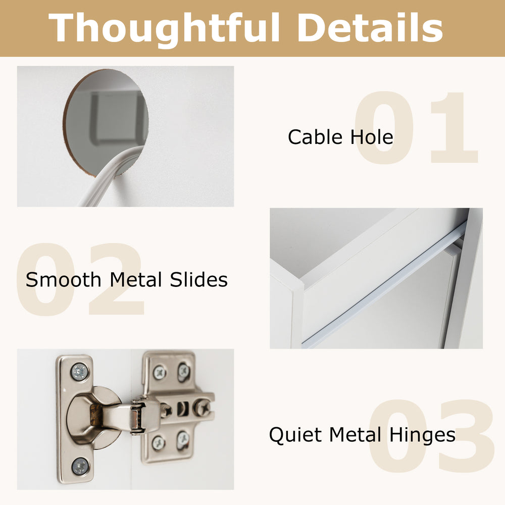 Close-up of cable hole and quiet metal hinges on a white and natural rolling kitchen island cart for dining room use.