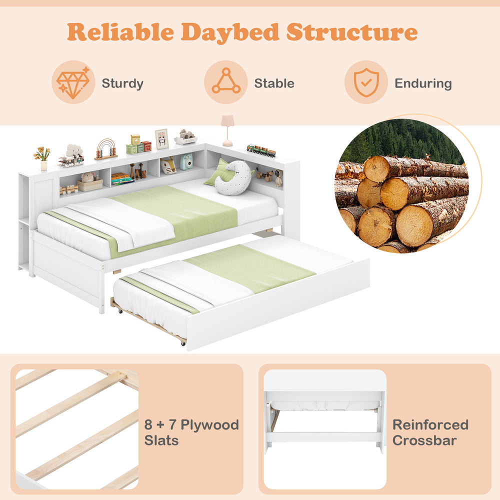 Twin size daybed frame in white with trundle, plywood slats, and reversible bookshelf for versatile storage solutions.