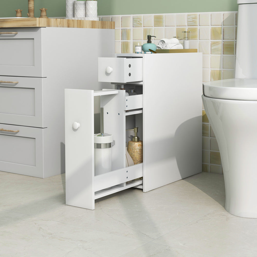 White bathroom cabinet space saver with sliding drawers and shelves, ideal for organizing toiletries and accessories.