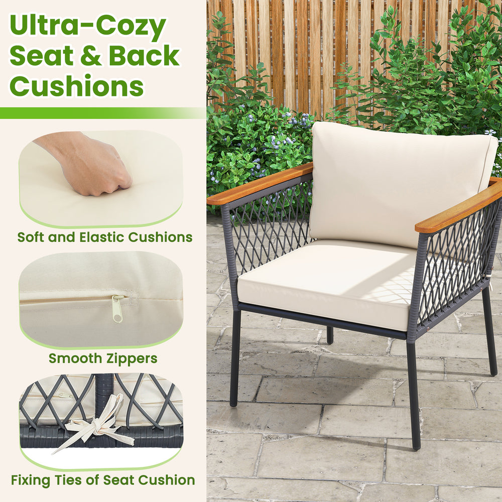 Single patio chair with soft cream cushions and acacia wood armrests, featuring smooth zippers and fixing ties for.