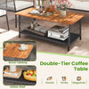 Double-tier coffee table with acacia wood top and rattan shelf, perfect for outdoor snacks and drinks.