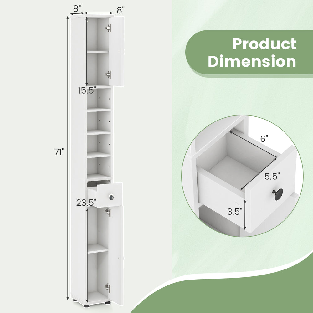 Freestanding slim bathroom cabinet in white with 5 adjustable shelves, drawer, and anti-toppling device for small.