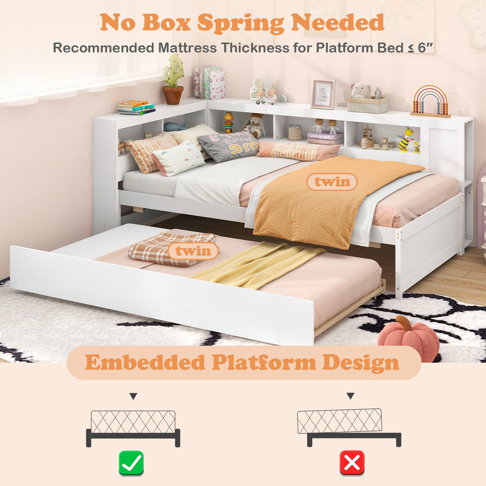 Twin size daybed platform bed frame in white with trundle and bedside shelves, perfect for maximizing space and storage.