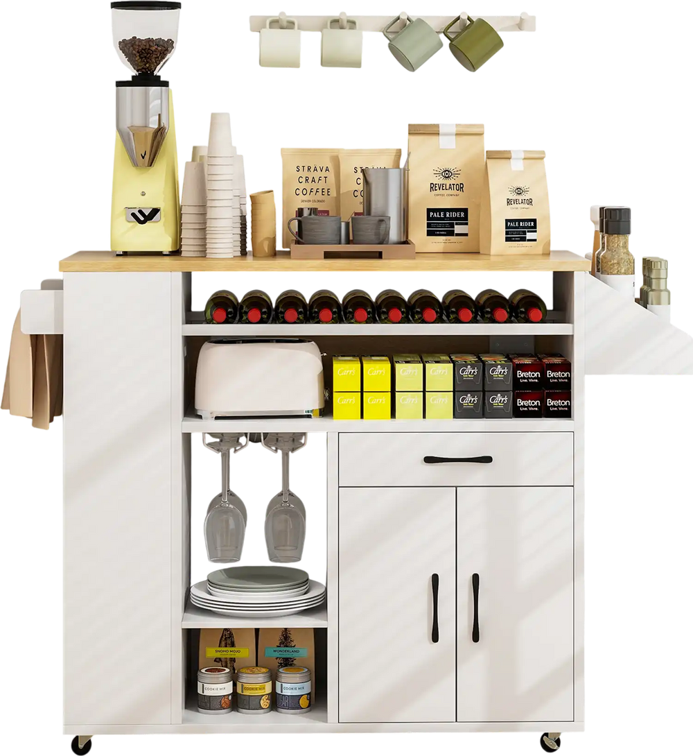 Rolling kitchen island cart in white and natural, featuring ample storage, power outlets, and a space-saving drop leaf.