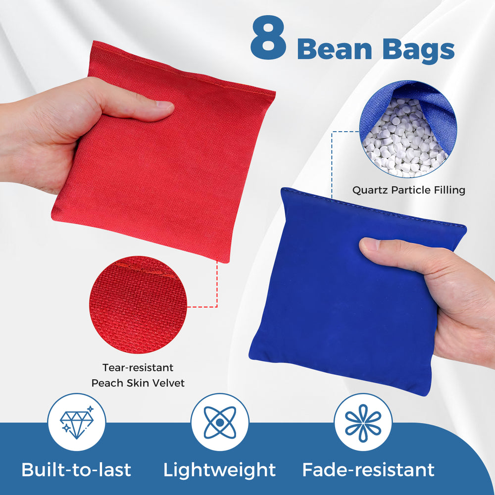 Red and blue tear-resistant bean bags for cornhole, featuring lightweight design and durable peach skin velvet.