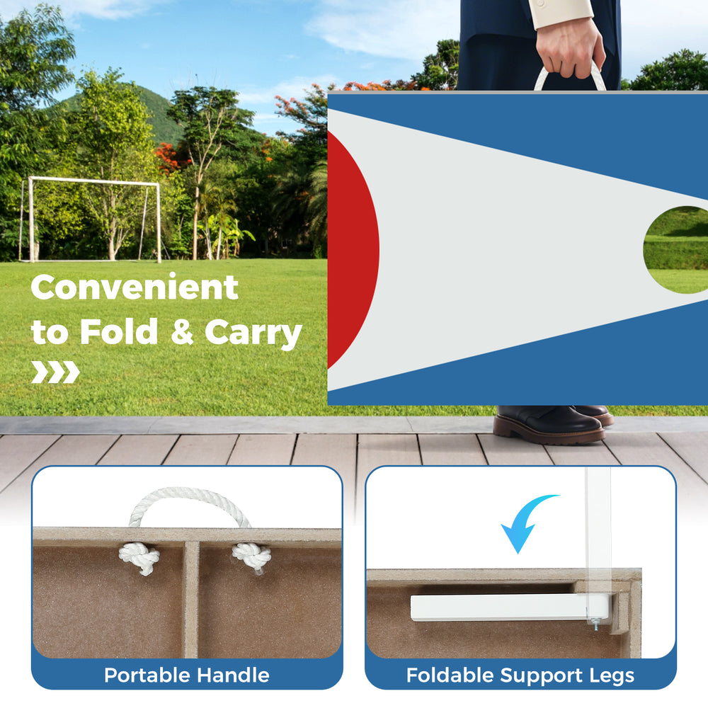 Portable 3 x 2FT cornhole board set with foldable legs and side handle, ideal for outdoor games and easy storage.