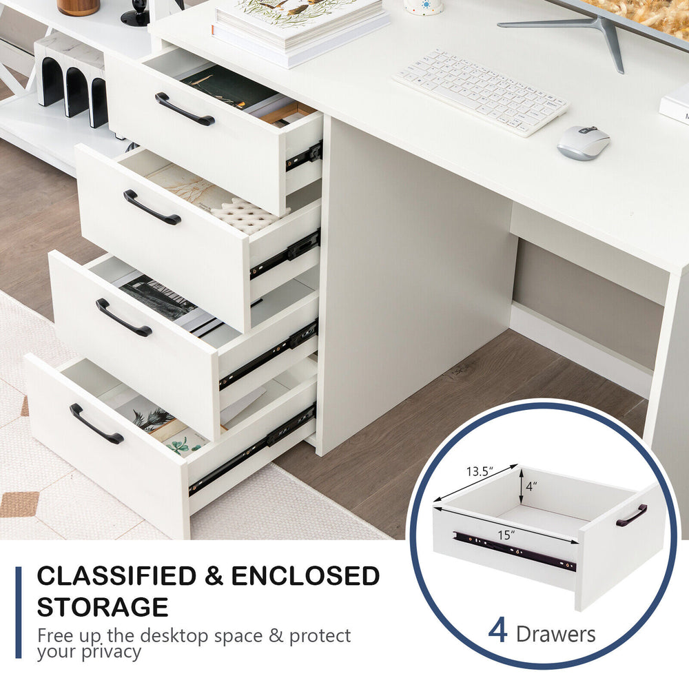 Computer desk with 4 large drawers in white, featuring smooth metal slides and a spacious tabletop for versatile use.