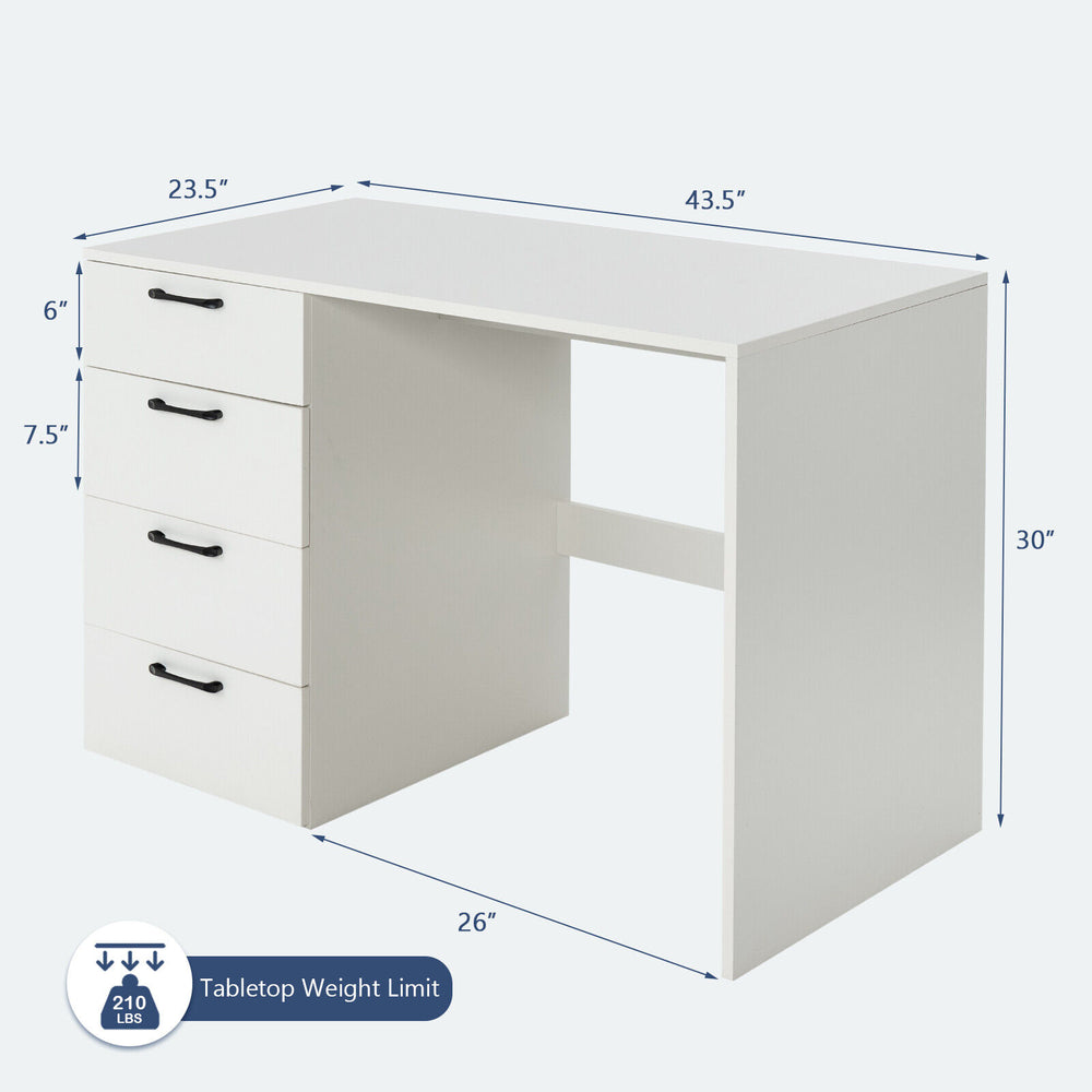 White 43.5-inch computer desk with 4 large drawers, smooth metal slides, and modern design for home or office use.