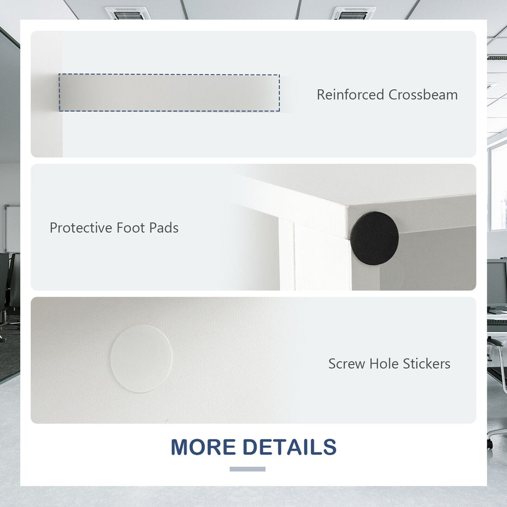 Reinforced crossbeam and protective foot pads of the 43.5-inch white computer desk for enhanced stability and floor.