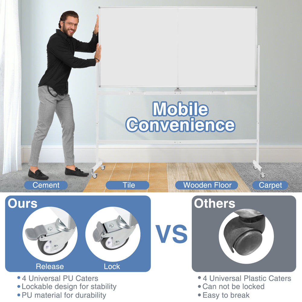Rolling double-sided magnetic whiteboard on wheels with aluminum alloy frame, ideal for office and classroom use.