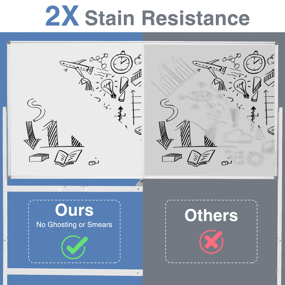 Double-sided magnetic whiteboard with 2x stain resistance, featuring a sturdy aluminum frame and rolling wheels for.