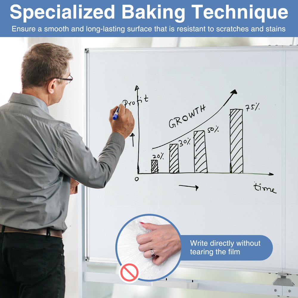 Double-sided magnetic whiteboard on wheels with aluminum frame, featuring a smooth, stain-resistant surface for easy.