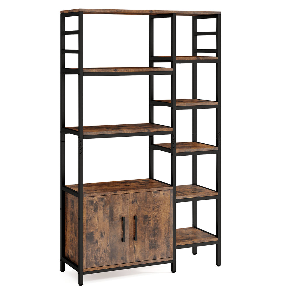 Double wide 8-tier bookshelf in rustic brown with a 2-door cabinet, perfect for organizing living room or office items.