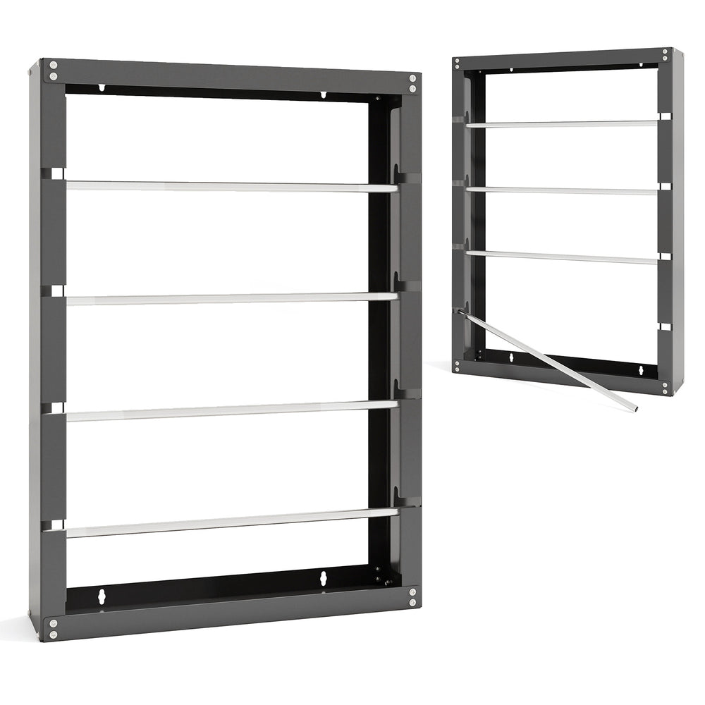 Wall-mounted wire spool rack in gray with 4 removable rods, designed for organizing cables and saving floor space.