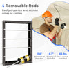 Wire spool rack with 4 removable rods, gray metal construction, designed for organizing cables and saving floor space.