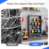 Wire spool rack with 4 removable rods for organizing cables, featuring sturdy metal construction and wall-mounted.