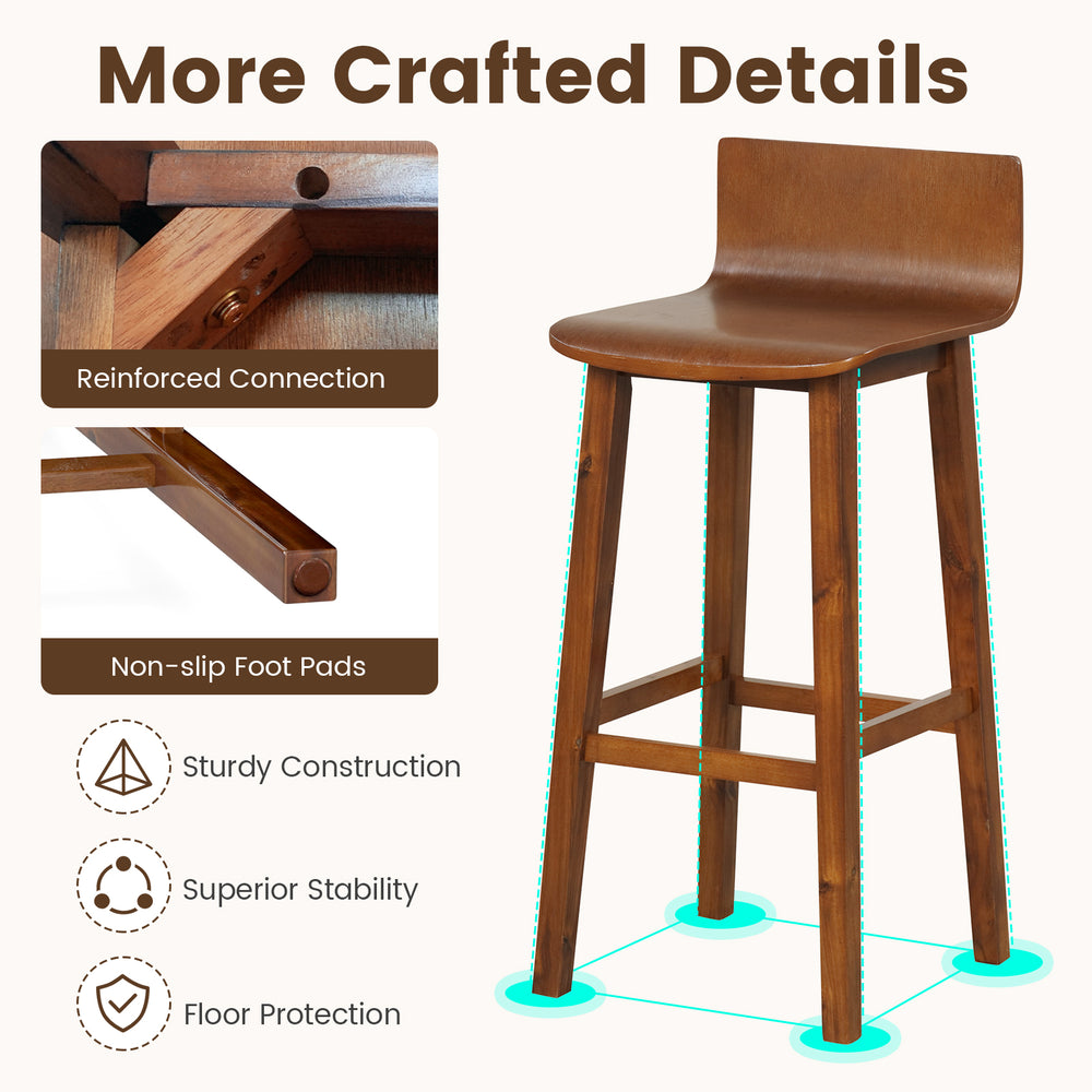 Wood bar stool with solid back and seat, walnut finish, featuring non-slip foot pads for stability and floor protection.