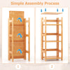 4-tier rubber wood bookshelf with side fences, showcasing simple assembly steps for versatile living room organization.