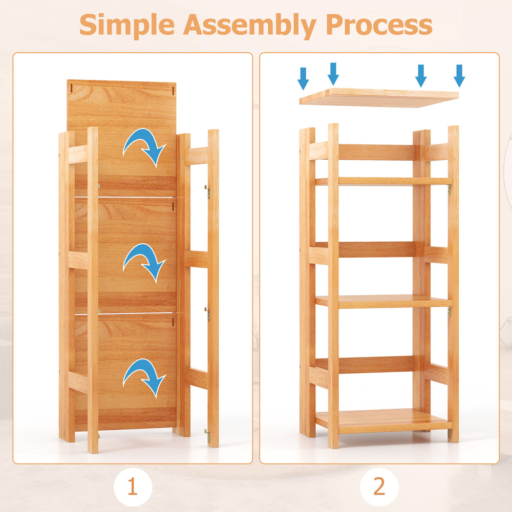 4-tier rubber wood bookshelf with side fences, showcasing simple assembly steps for versatile living room organization.