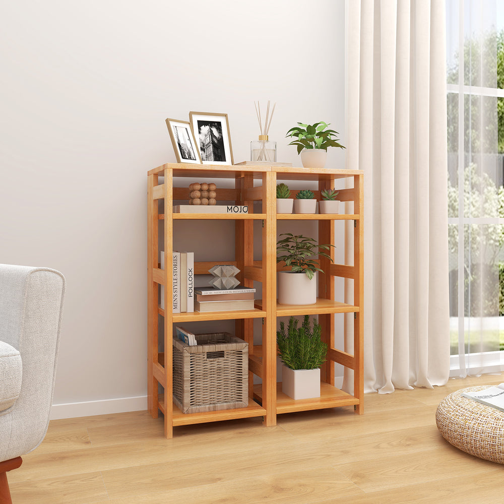 4-tier rubber wood bookshelf with side fences, ideal for living room organization and stylish decor.