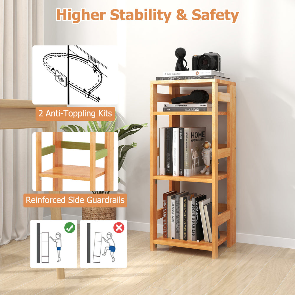 4-tier rubber wood bookshelf with side guardrails and anti-toppling kits, ideal for living room or office organization.