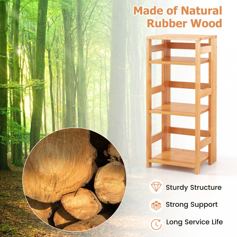 4-tier bookshelf made of natural rubber wood with side fences, perfect for organizing items in living room or office.