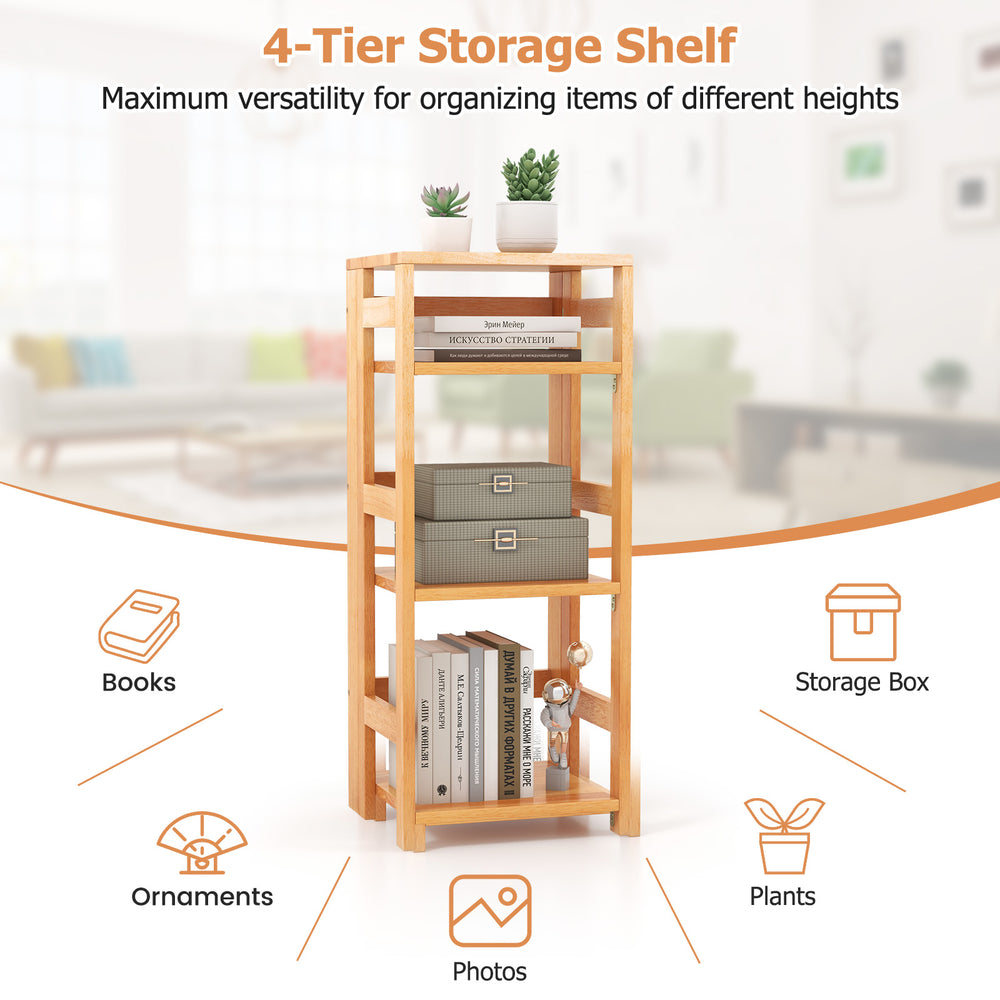 4-tier bookshelf made of natural rubber wood with side fences, ideal for organizing books and decor in any room.