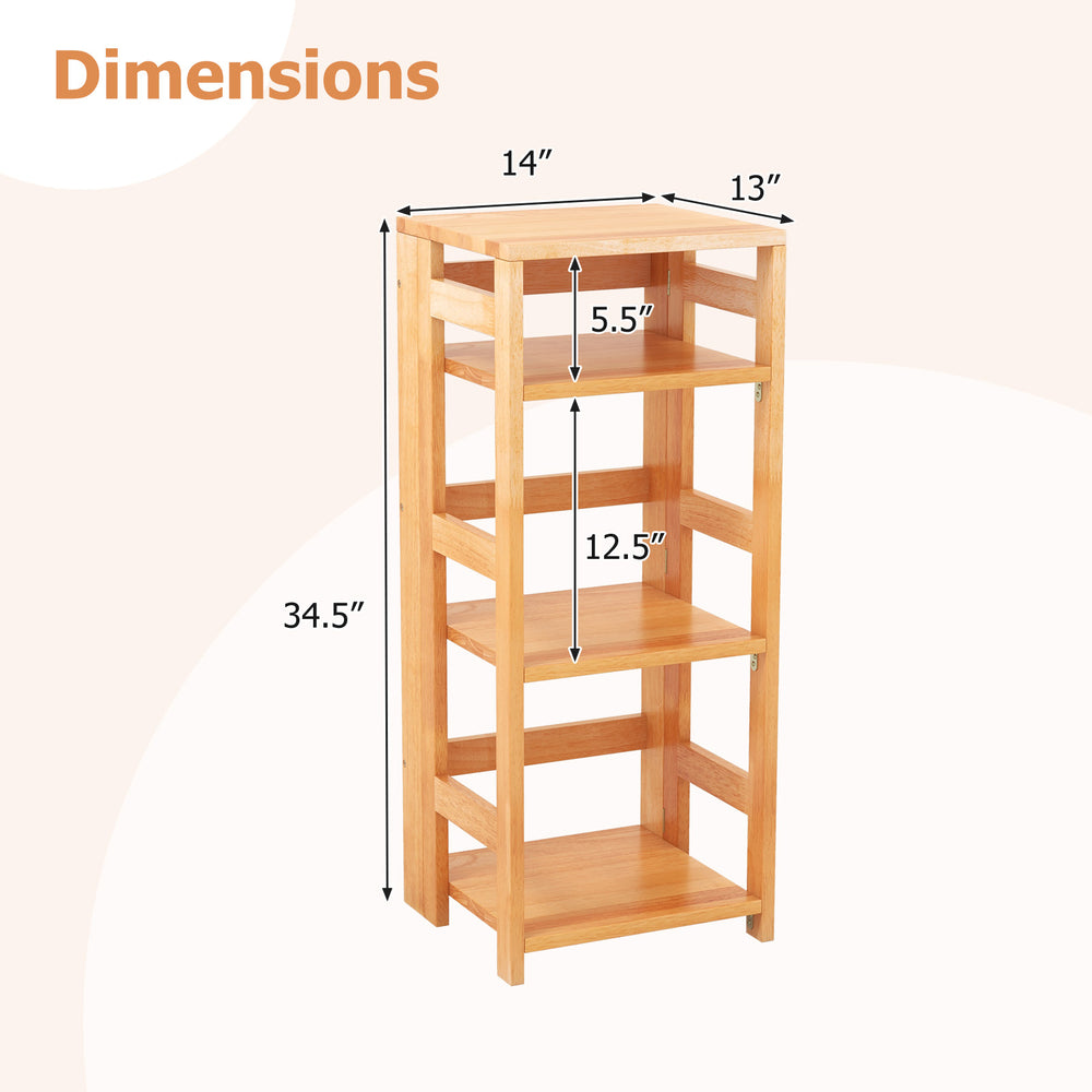 4-tier bookshelf made of natural rubber wood with side fences, measuring 14 inches wide, ideal for living room.