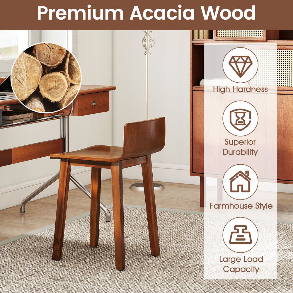 Brown acacia wood dining chair with smooth round corners and reinforced structure, perfect for farmhouse-style dining.