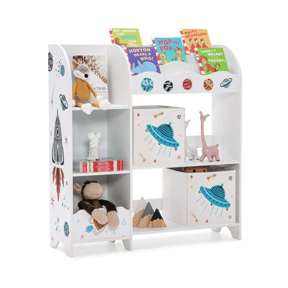 Kids toy and book organizer with 5 compartments and 2 removable cloth drawers, designed for safety and easy access.