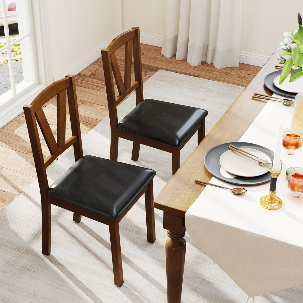 Set of 2 brown wooden dining chairs with PU leather upholstery, featuring V-shaped backrests for stylish comfort.