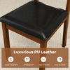 Brown PU leather seat of a wooden dining chair, stain-resistant and easy to clean, perfect for dining areas.