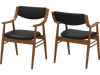 Set of 2 wooden dining chairs with padded black seats and backrests, featuring ergonomic armrests for comfort.