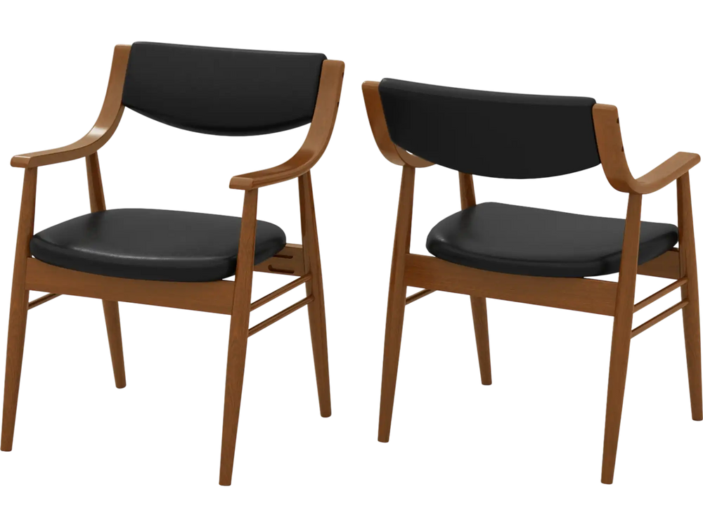 Set of 2 wooden dining chairs with padded black seats and backrests, featuring ergonomic armrests for comfort.