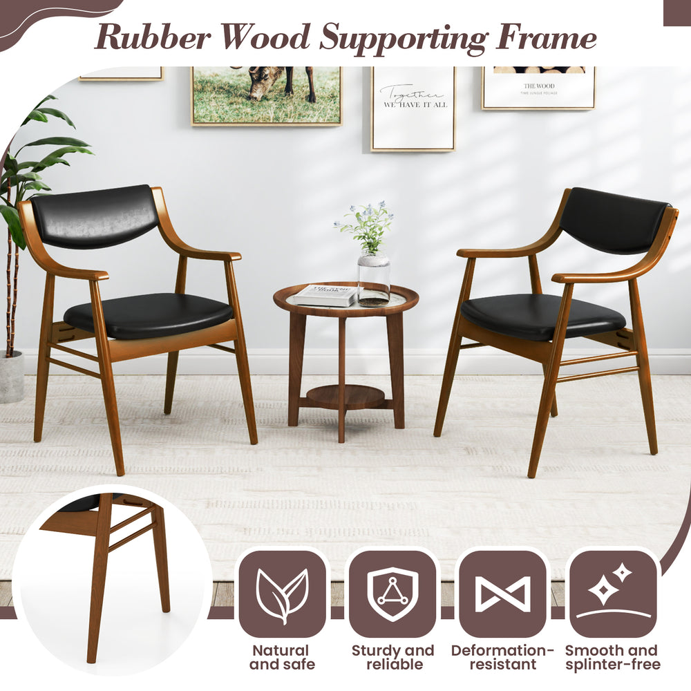 Wooden dining chair set of 2 with padded seats, black PU leather, and rubber wood frame for versatile use.