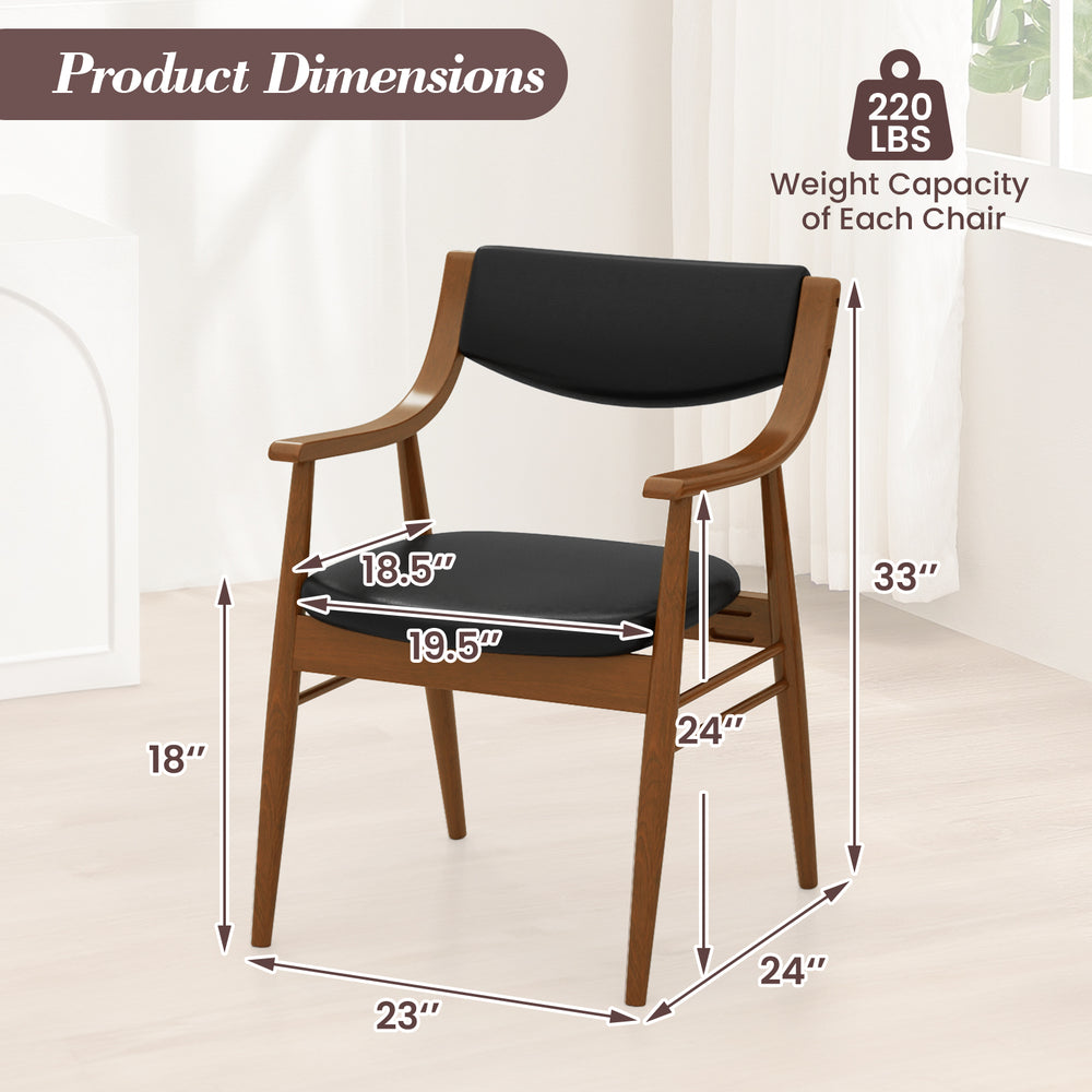 Wooden dining chair with padded seat and back, black PU leather, ergonomic armrests, dimensions 24"x19.5"x33" for.