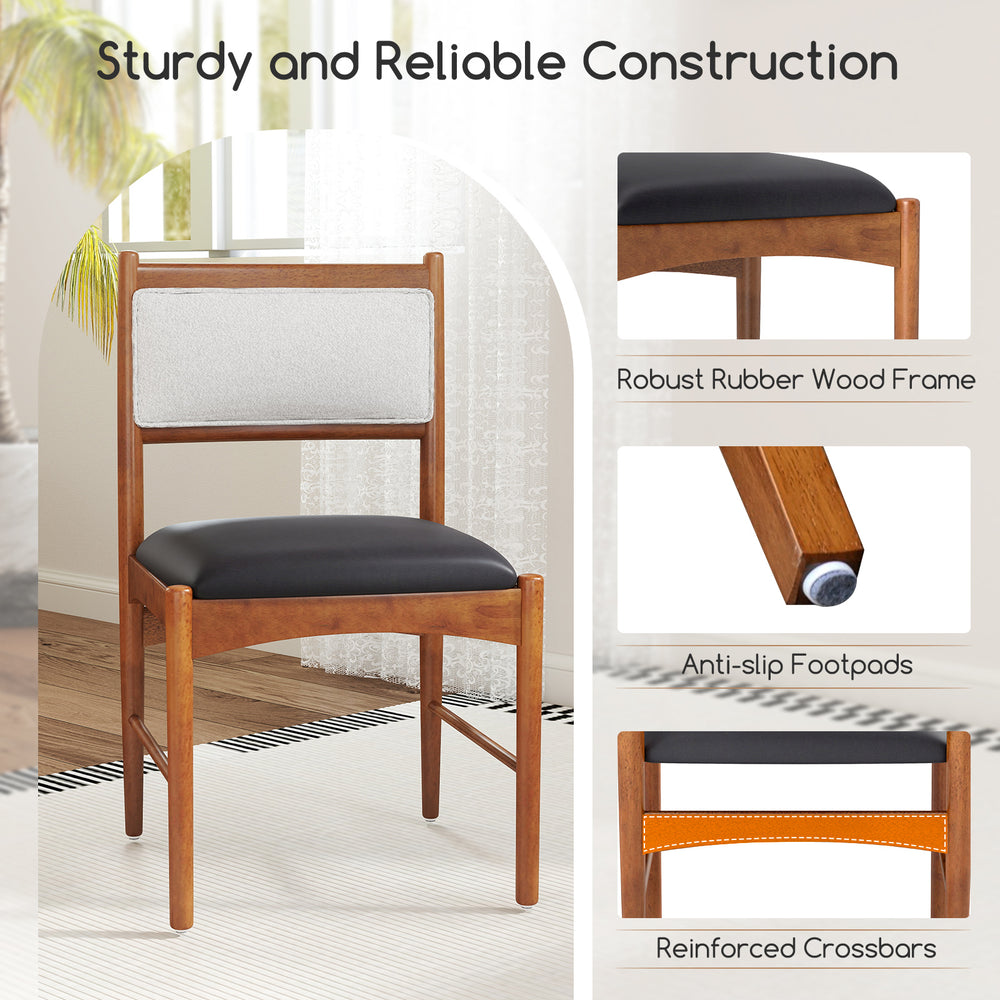 Wooden dining chair with rubber wood frame, faux Sherpa backrest, and padded seat, perfect for dining rooms and cafes.