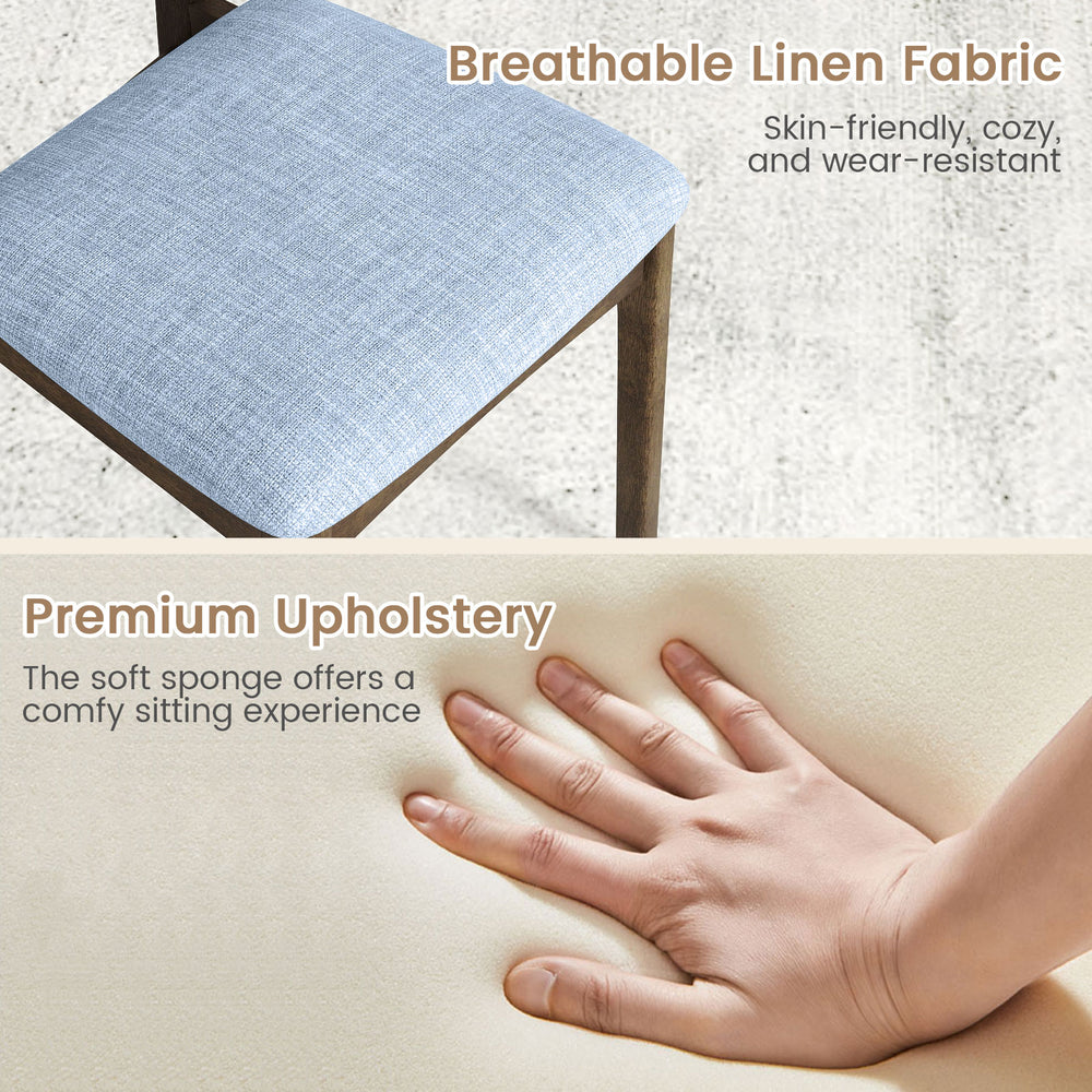 Close-up of a wooden dining chair cushion featuring breathable linen fabric and premium upholstery for comfort.
