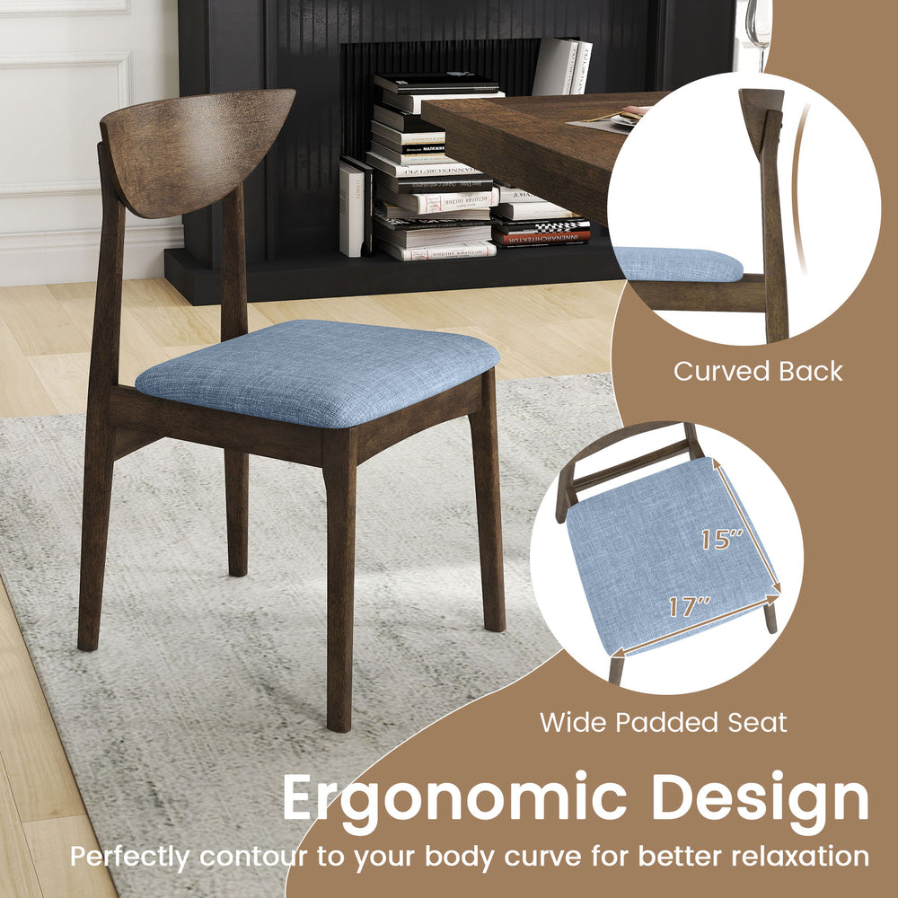 Wooden dining chair with curved back and wide padded seat, crafted from rubber wood for comfort and durability.