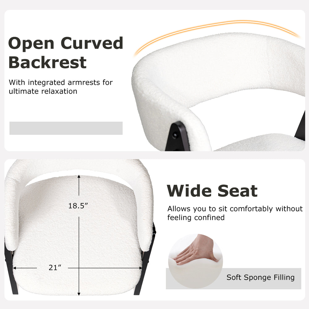 Curved backrest and wide seat of a mid-century modern dining chair set, upholstered in soft white faux sherpa for.