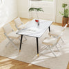 Wooden dining table set featuring white rubber wood chairs with padded cushions, perfect for modern farmhouse.