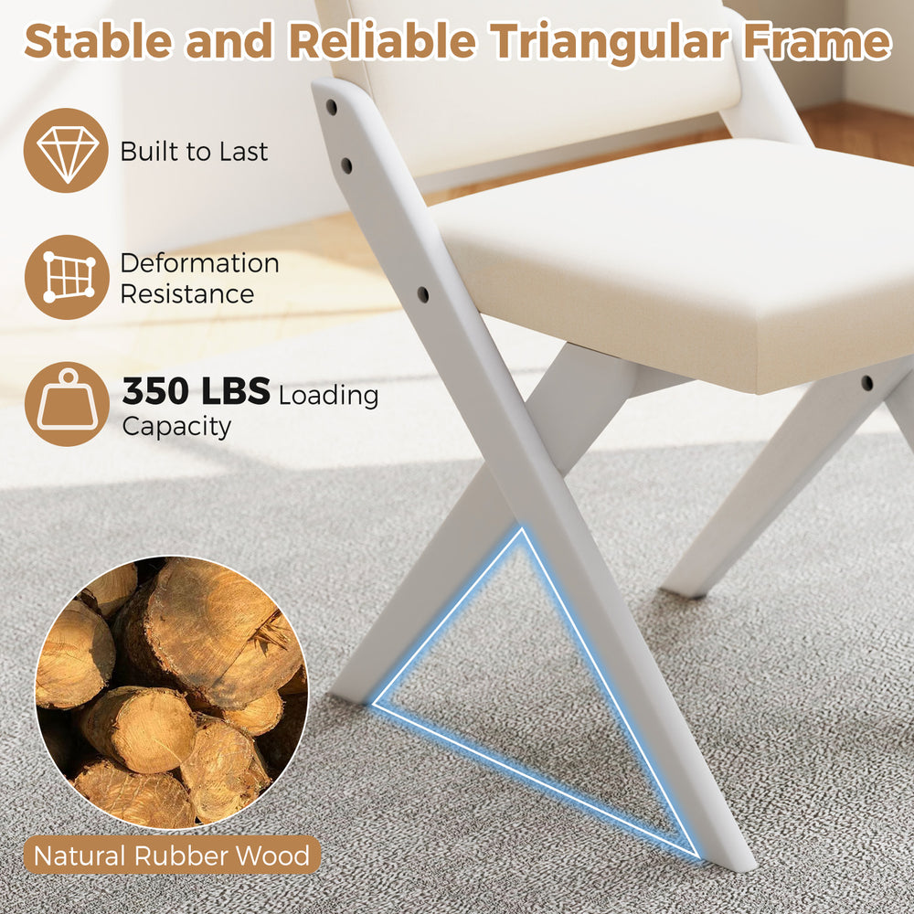 White wooden dining chair featuring a natural rubber wood frame, padded cushions, and stable triangular support for.