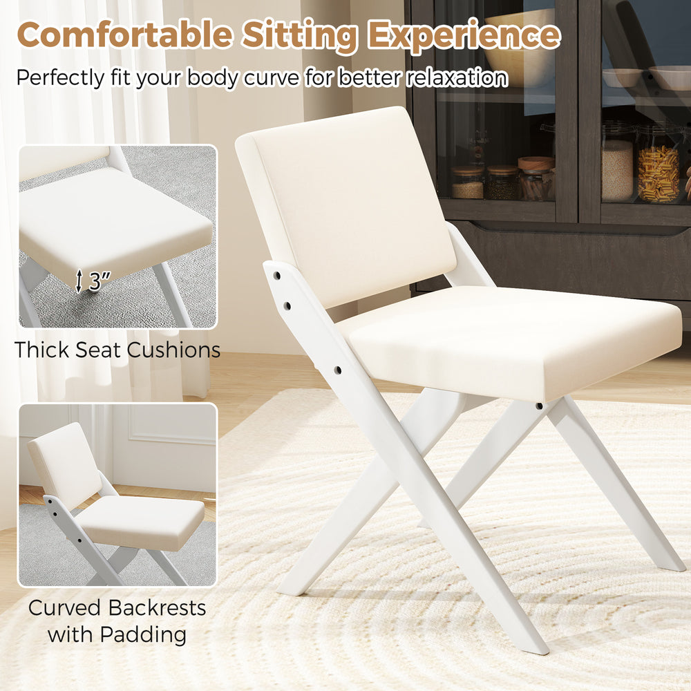 White wooden dining chair with padded cushions and curved backrest, perfect for modern farmhouse aesthetics in any.