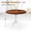 Round wooden dining table with walnut finish and white curved trestle legs, suitable for kitchens and dining rooms.