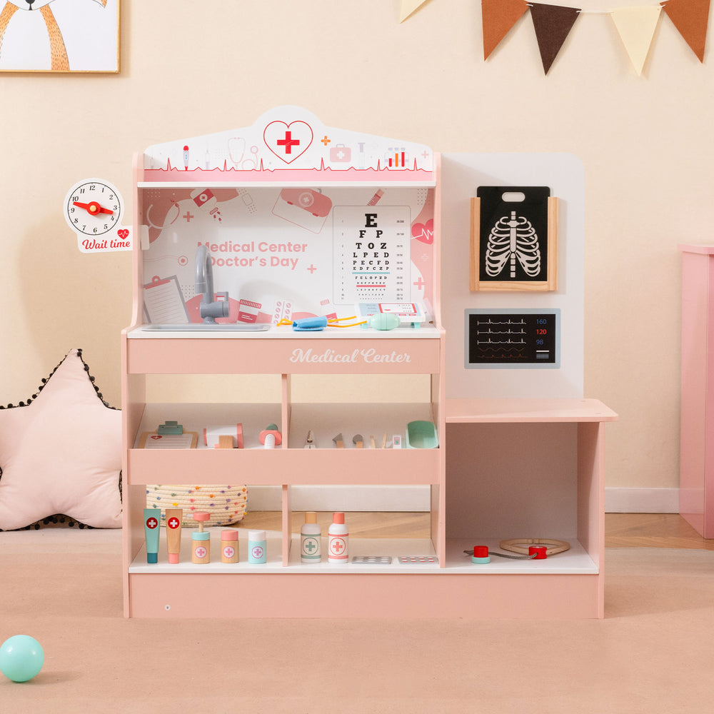 Wooden Doctor Playset with Stethoscope for Toddlers over 3 Years Old-Pink - Gallery View 1 of 10