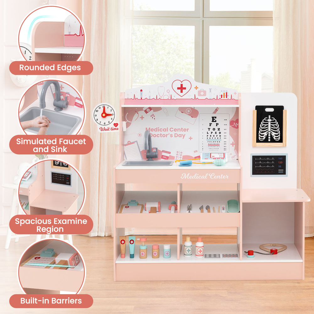 Wooden doctor playset in pink with stethoscope, sink, and 24 medical accessories for toddlers' imaginative play.